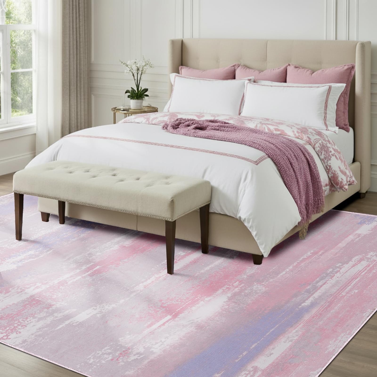Teppich Rosa Wohnzimmer, Waschbarer Kurzflor Teppiche 160 x 230 cm Groß, Abstrakelte Farbige Gemälde, Abstraktion und Mode Farben Passen, Schlafzimmer, Esszimmer und Büro