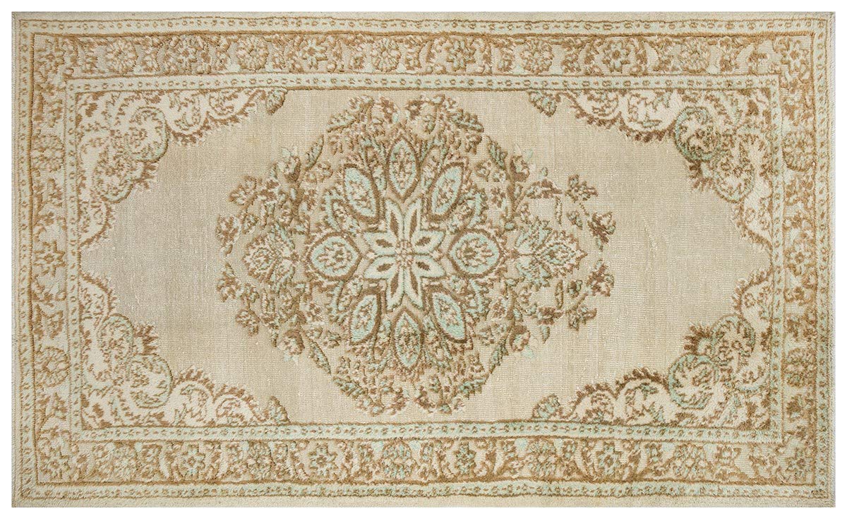 Tapis vintage turc d'exception ALLMODE beige authentique noué à la main