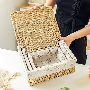 にゃん☆プロフ必読‼️ ラタン　ホワイト　カゴ　蓋つき　楕円 Amazon｜NJNEW ラタンバスケット 蓋付き 籐かご ラタン フタ付き