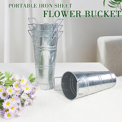 Miniatura 4 de Juego de 8 jarrones de metal galvanizado, macetas de flores francesas de 9 pulgadas con asas, soporte de metal decorativo rústico para decoración