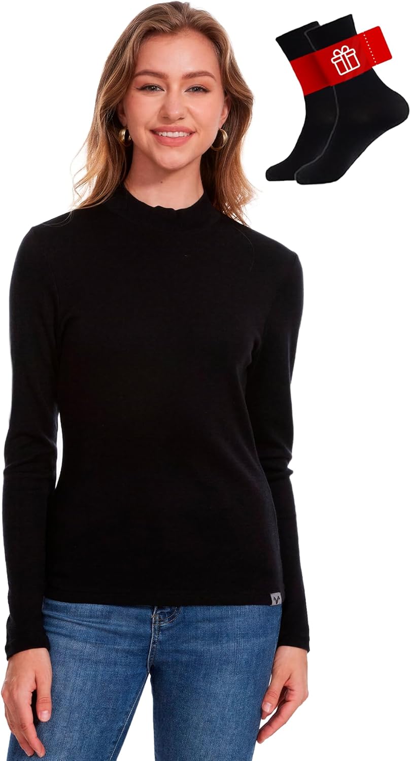 MERINNOVATION Merino Wool Base Layer Women - 100% Merino Wool Shirts for Women Long Sleeve Thermal Top Turtle Neck Shirt