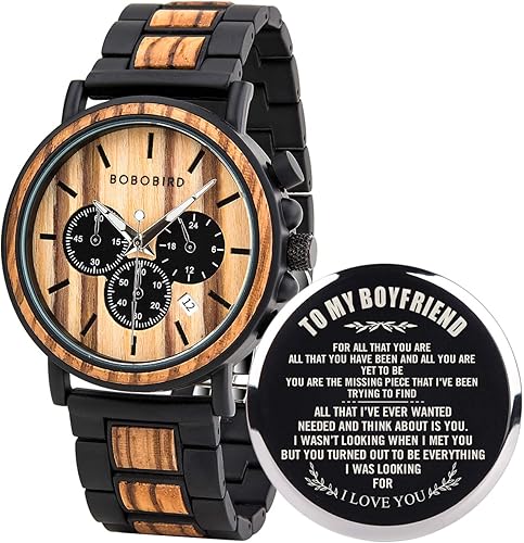 BOBO BIRD - Relojes de madera grabados personalizados para hombre elegantes relojes de pulsera de cuarzo que combinan madera y acero inoxidable,