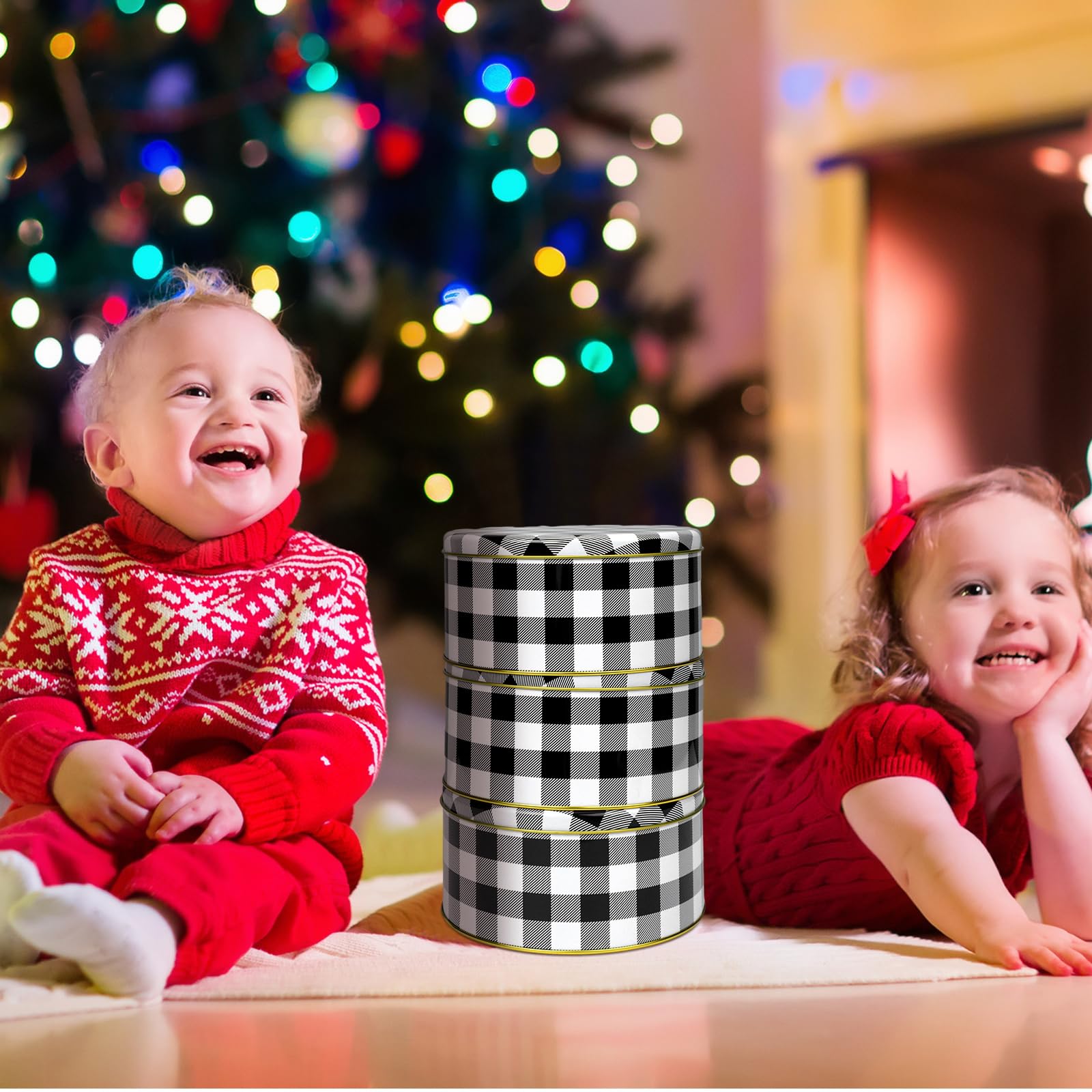 Suttmin 6 Pieces 7'' Christmas Cookie Tins with Lids Round Metal Cookie Container Christmas Tin for Cookie Baking Chocolate Snack Storage Classic Design Cookie Tins For Gift Giving (Black and White)