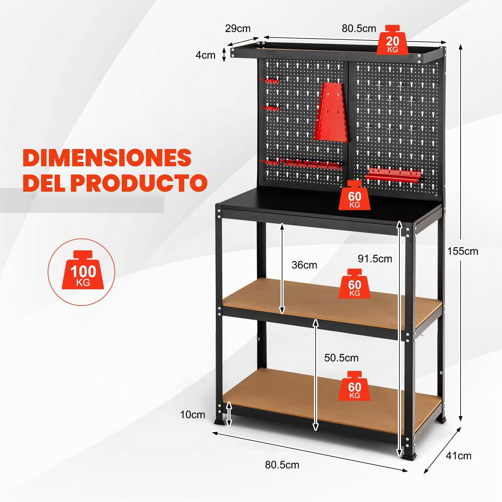 GOPLUS Banco de Trabajo Taller, Carga 100 kg, 810 x 410 x1555 mm, Mesa de Herramientas Carga con Tablero Perforado Metal, Estante Abierto, 14 Accesorios para Colgar (Negro+ Rojo Panel)