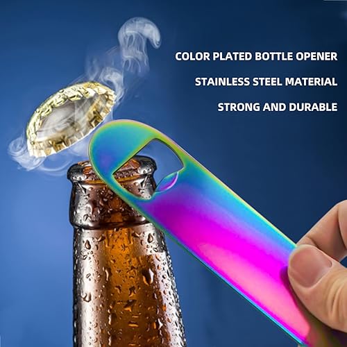Miniatura 3 de Abrebotellas plano de acero inoxidable de color arcoíris, resistente y duradero, 2 piezas para enviar a amigos, adecuado para bares, camareros,