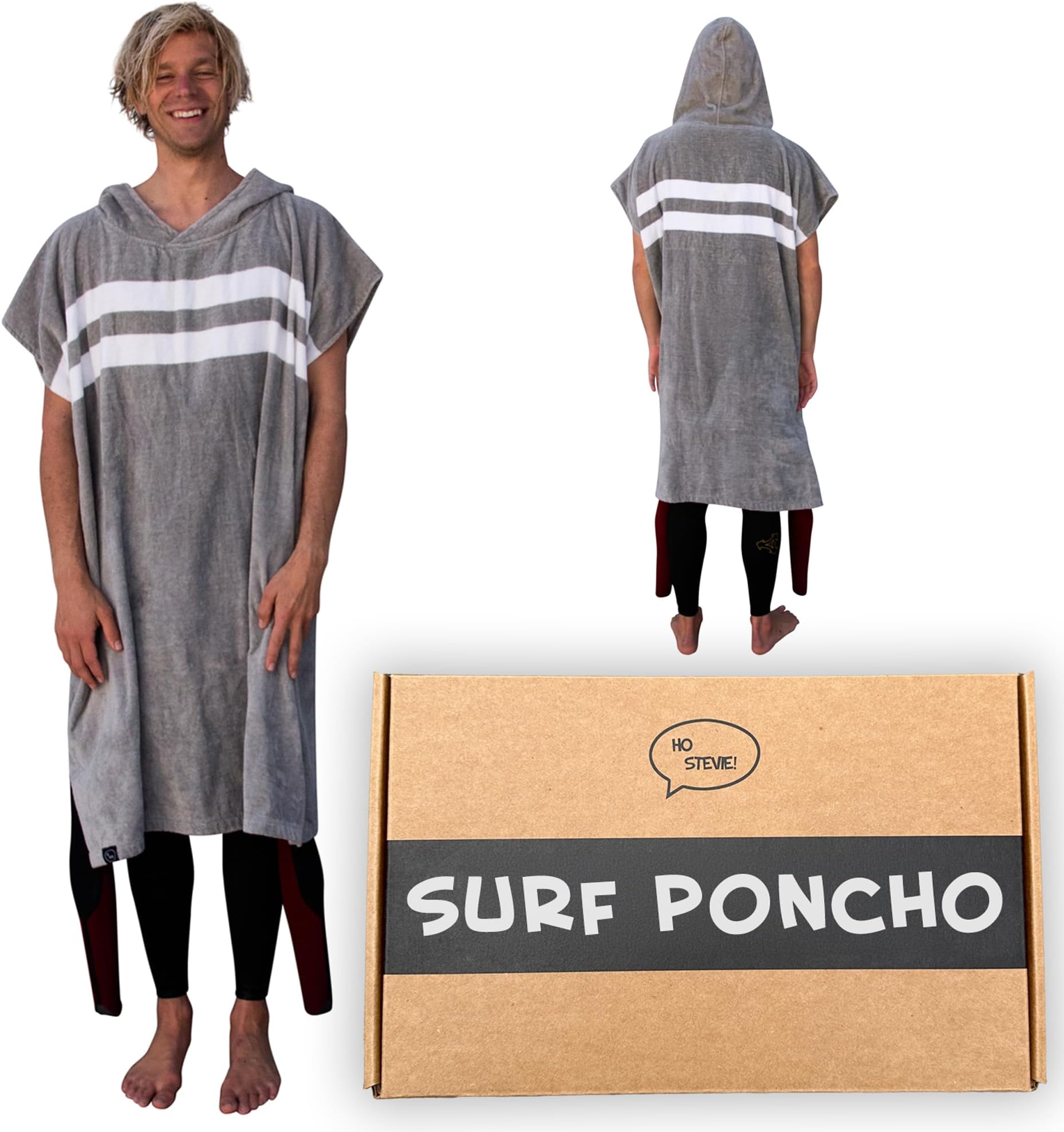 Ho Stevie! Thick 100% Cotton Surf Poncho (Wetsuit Changing Robe/Towel) [Choose Color] (Gray with White Stripes)