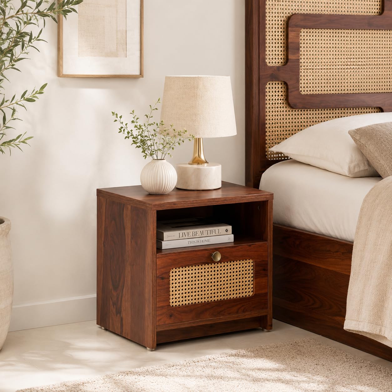 SMAART CRAAFTS Mauritius Solid Wood Bedside Table - Premium Designer Cane Rattan - End Table for Bedroom, Home & Kitchen - Solid Sheesham Wood-image-44