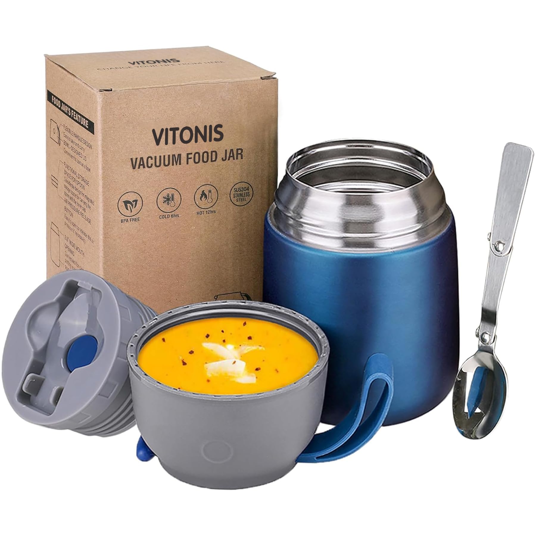 VITONIS Thermobehälter für Essen 500ml Edelstahl Isolierbehälter Gefäß für warme Speißen, Essen, Suppe, Isolierbehälter mit Löffel Thermo Gefäß, Blau