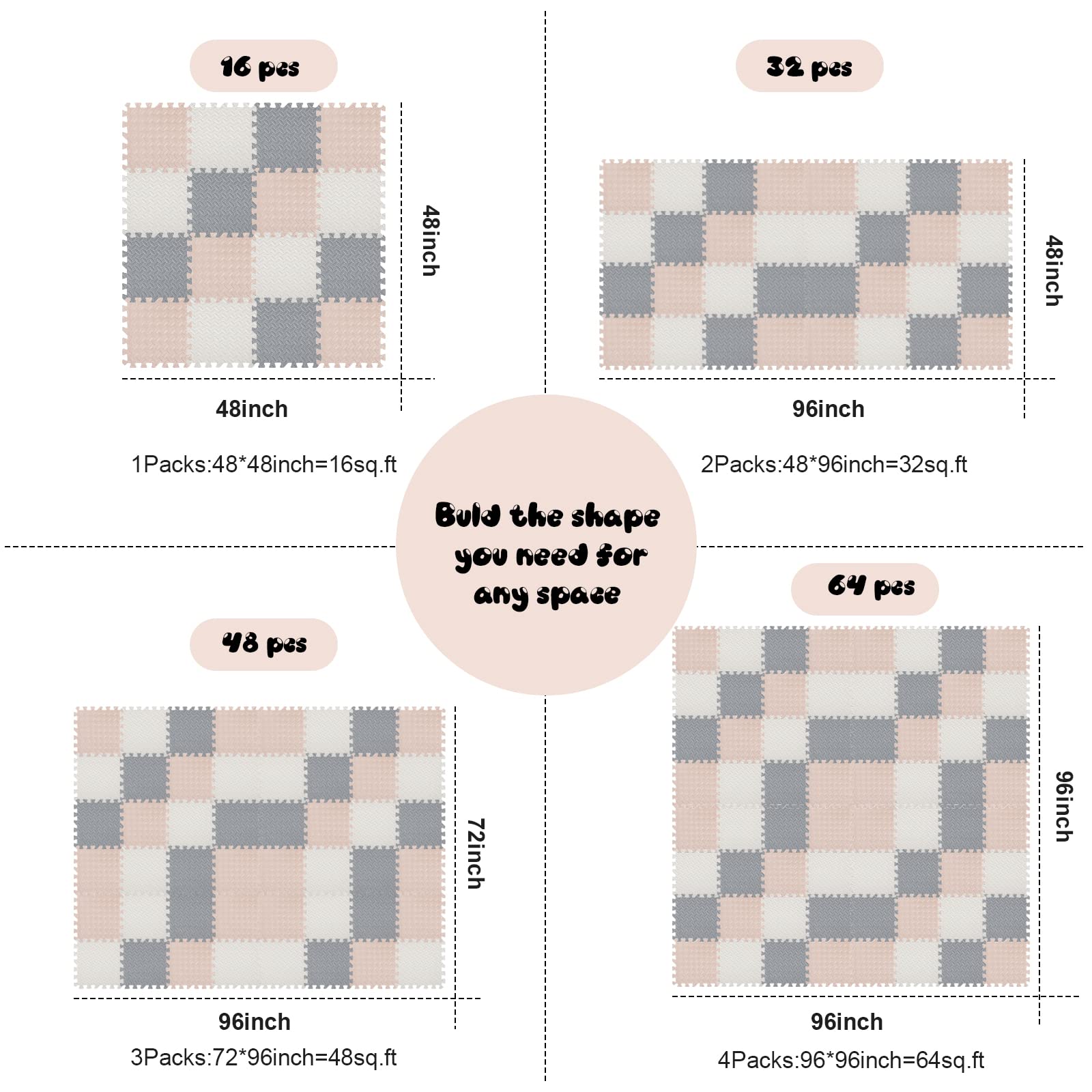 64 Pcs Baby Play Mats Foam Floor Tiles Bulk Foam Floor Mats with