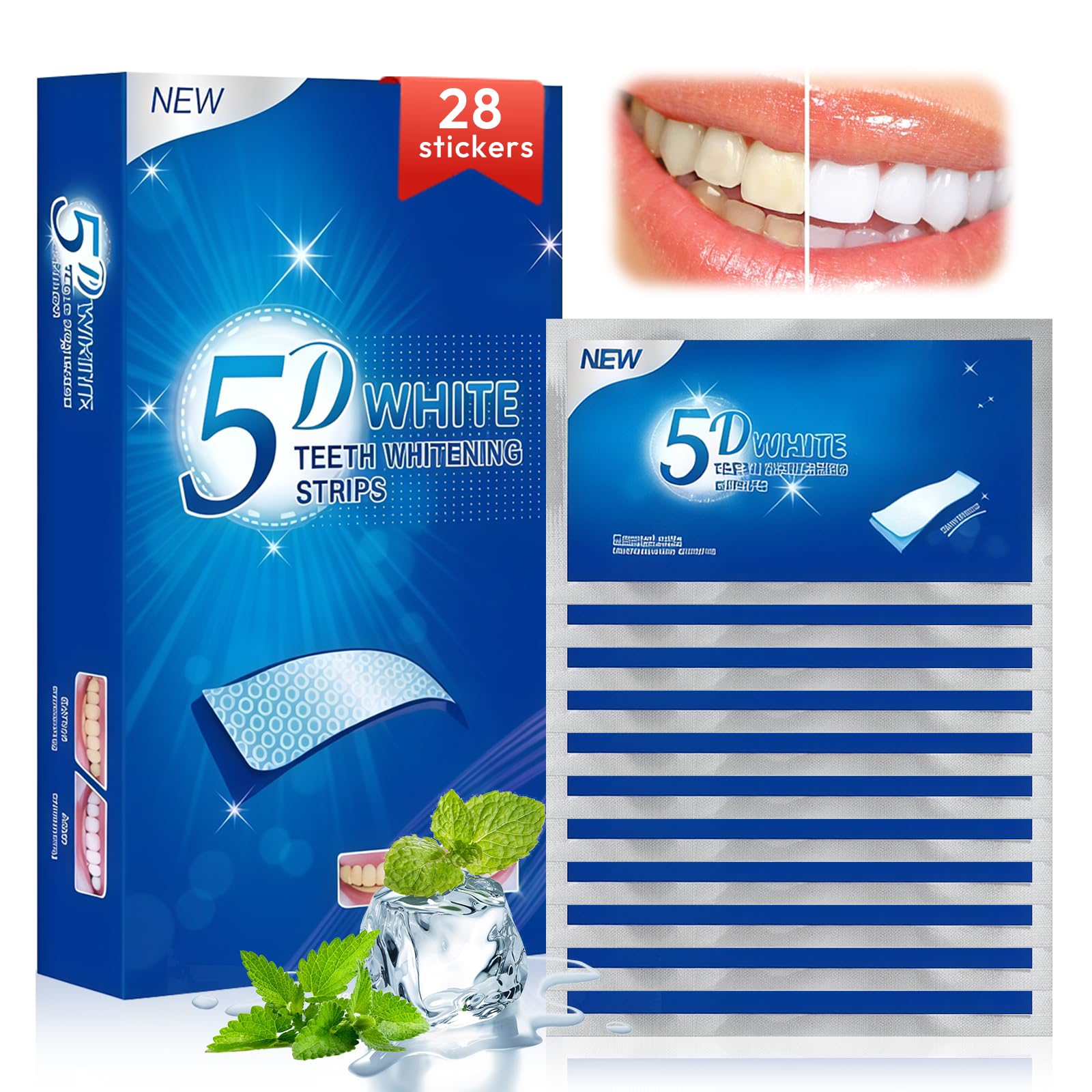 28 Strisce Sbiancanti Denti, Trattamento Sbiancante per Uso Domestico, Professionale Teeth Whitening Aiuta a Ridurre Macchie di Caffè, Tè, Vino, Rapido e Formula Delicata alla, Menta