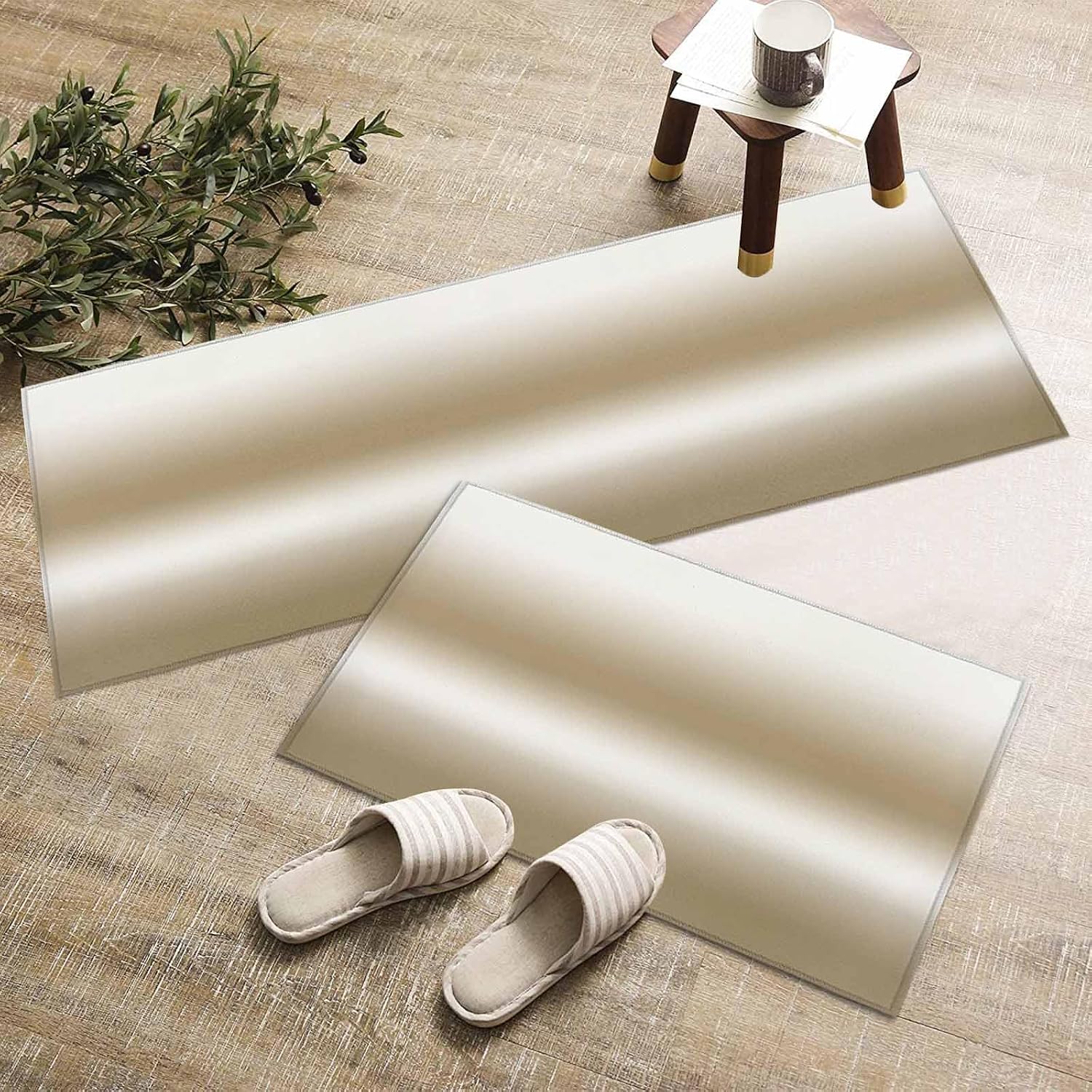 Teamery Kitchen Mats for Floor Abstract Gradient Khaki Beige Washable Non Slip Kitchen Rugs 2PCS, Vintage Country Absorbent Standing Mats for Sink Bathroom Office Living Room 15.7x23.6in+15.7x47.2in