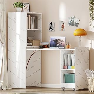 Folding Desk with Storage, Convertible Table with Shelves & Wheels, Craf...