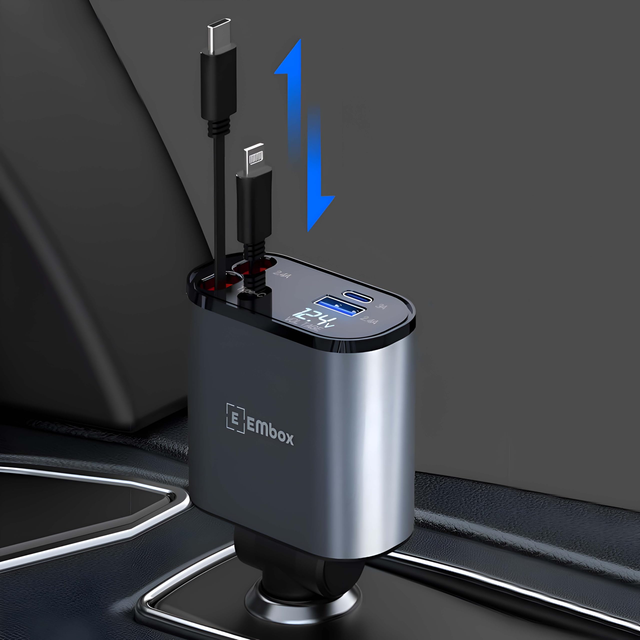 Embox Retractable Car Charger, 120W 4 in 1 Super Fast Charge Car Phone Charger, Retractable Cables (31.5 Inch) and 2 USB Ports Car Adapter for iPhone 15/14/13/12 Pro Max Xr, Ipad, Pixel, Grey (B0DGQNX3T6) Amazon Price History, Amazon Price Tracker