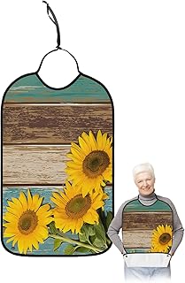 BOBOWUNY Farmhouse Floral Adult Bibs for Elder Women Men Eating, Bright Sunflowers Retro Wood Waterproof & Washable Bibs for Eating Clothing Protector Dining Bibs for Crumb Catcher