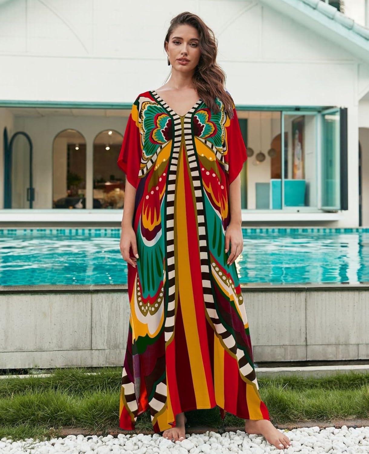 Kaftan Dresses for Women Plus Size Bathing Suit Cover up Batwing Sleeve Caftan Maxi Beach Dress - Image 3