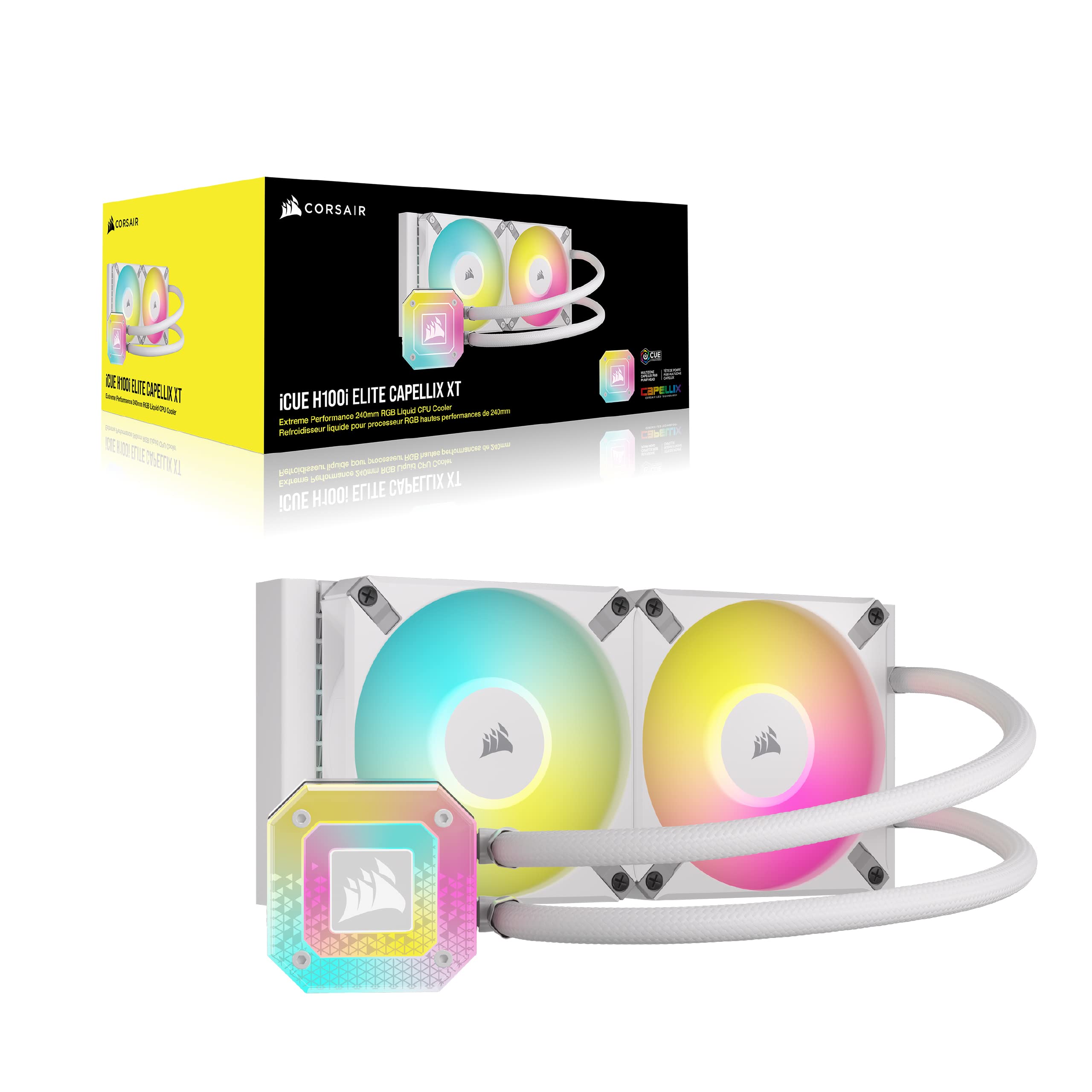 Corsair iCUE H100i ELITE CAPELLIX XT Układ Chłodzenia Procesora Cieczą - Dwa Wentylatory AF120 RGB ELITE - 240mm Radiator - Intel® LGA 1700, 1200, 115X, 2066, AMD® AM5, AM4 - Bialy
