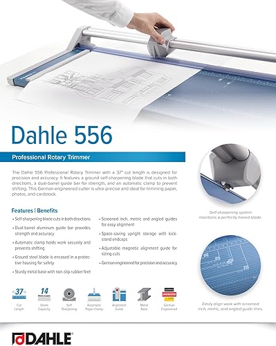 Miniatura 6 de Dahle Cortadora rotativa profesional 556, longitud de corte de 37 pulgadas, capacidad de 14 hojas, autoafilado, barra guía doble, abrazadera
