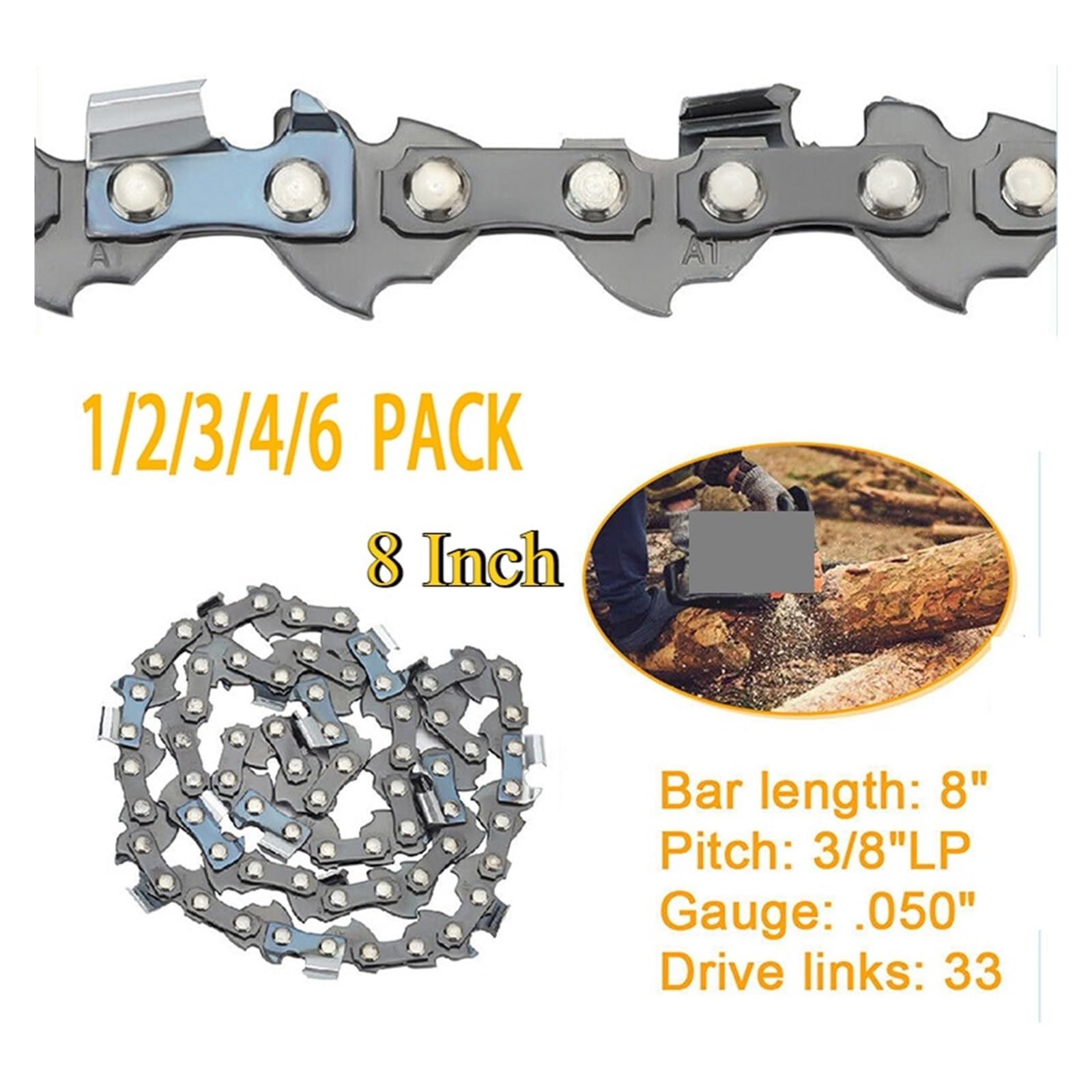 Cadenas motosierra 8 pulgadas, paso 3/8 LP, calibre .050, 33 eslabones | Grey