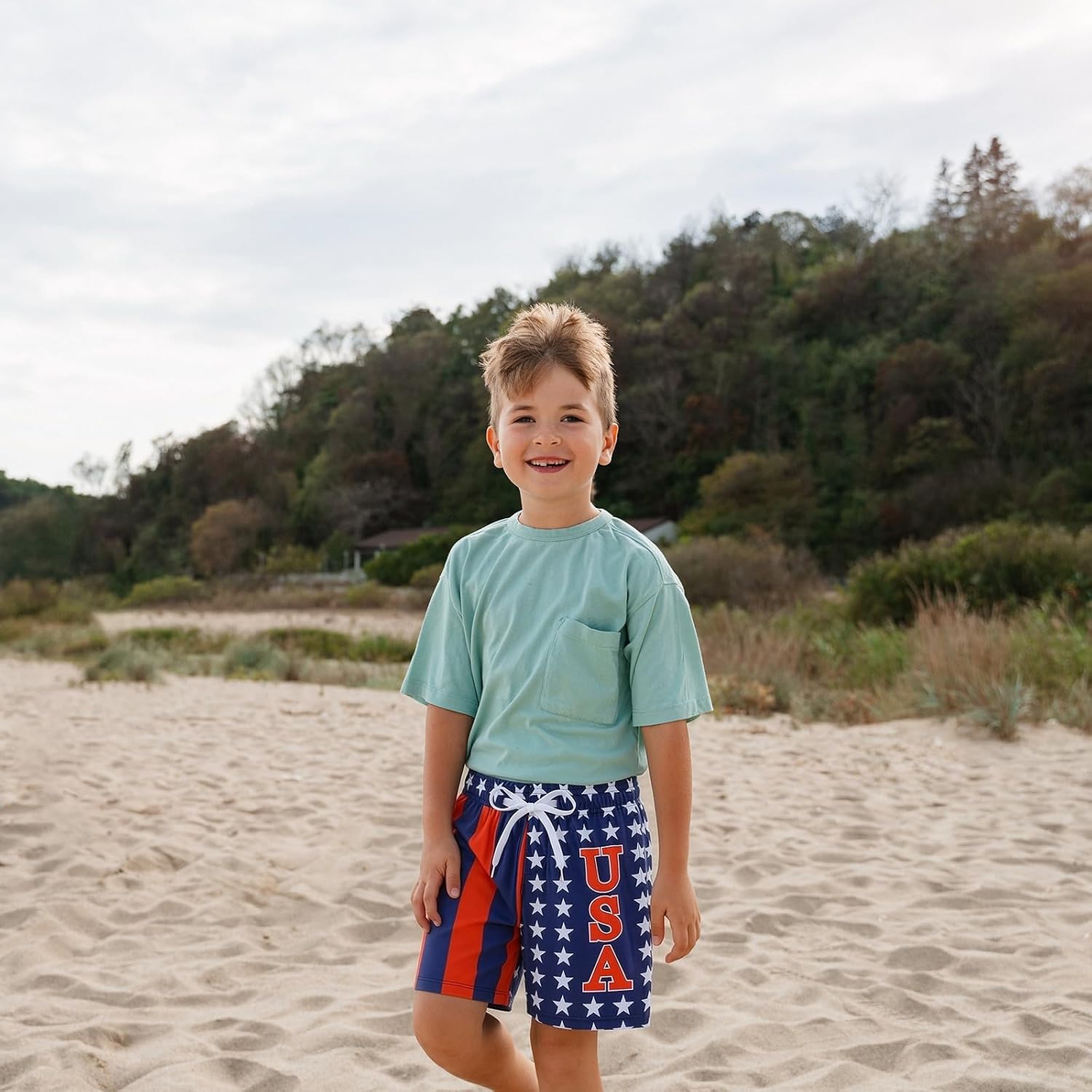 Boys USA Flag Swim Trunks Quick Dry Board Shorts with Compression Liner Bathing Suit Kids Beach Swimsuits