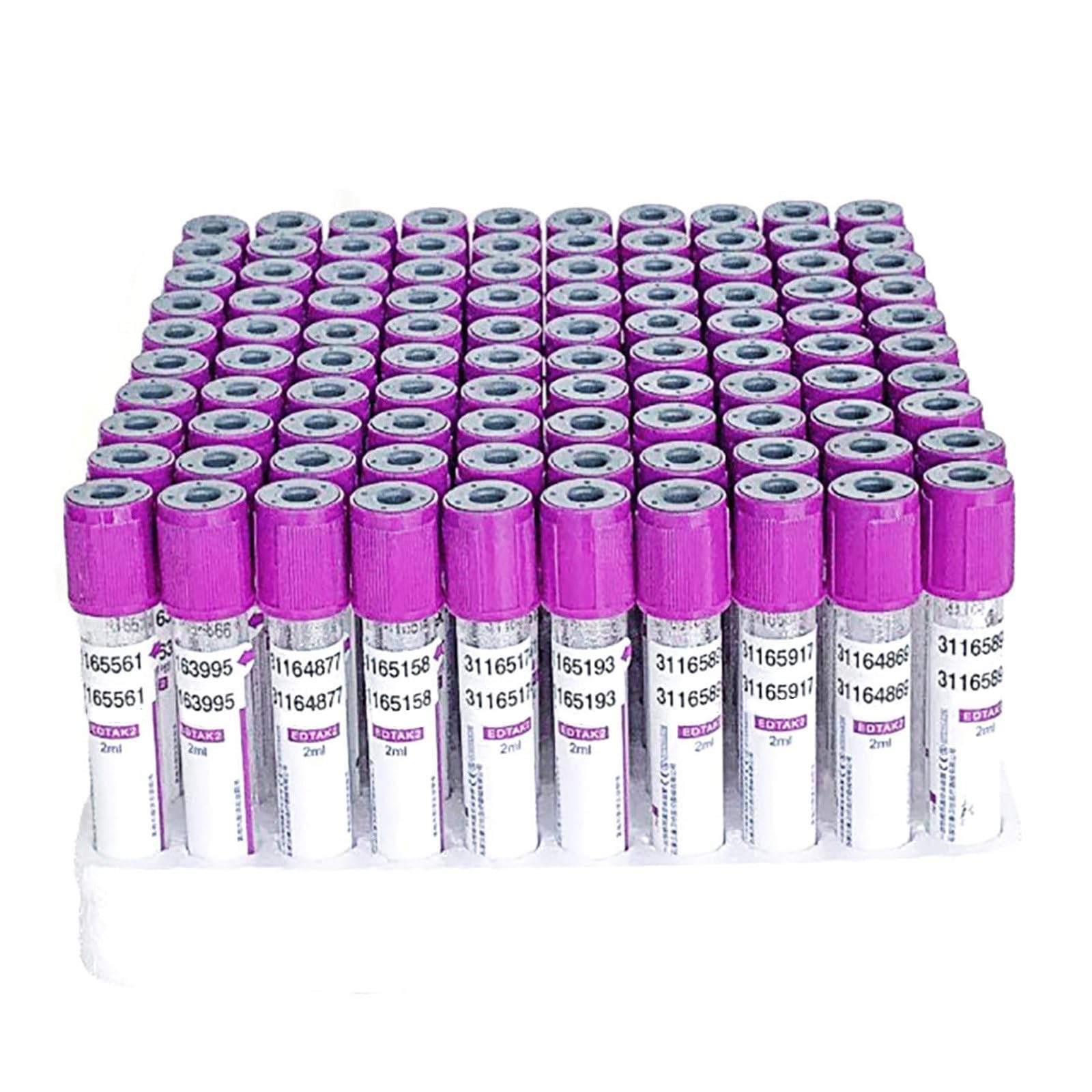 100 Provette Vacutainer, Provette in Vetro EDTA K2 da 2ml/5ml/10ml, con Tappi A Vite Viola + Etichette, per Laboratori,10ml