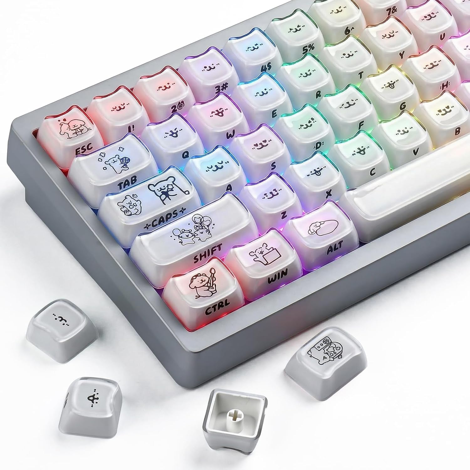 Sunzit Jelly Keycaps Cute Doggie, Crystal White Mao Profile Keycap, Custom Side Printed Key caps 60 65 75 100 Percent Cute Key caps Keyboard Keycap Set for MX Switches Mechanical Keyboard