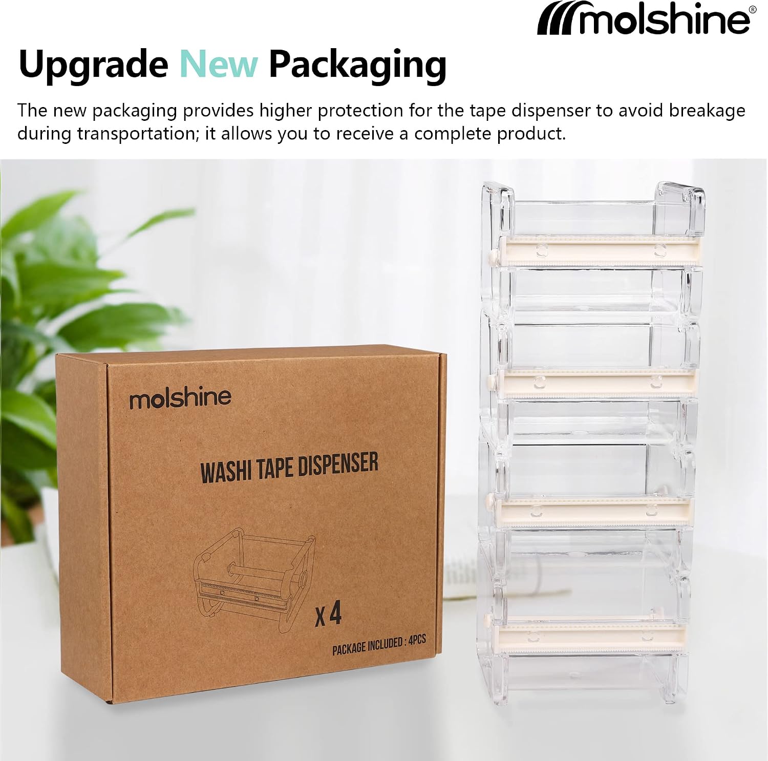 molshine 4 Pack Transparent Desktop Multi Washi Masking Tape Storage Dispenser,Tape Cutter,Tape Roll Holder (Not Include Masking Tape) (Beige)