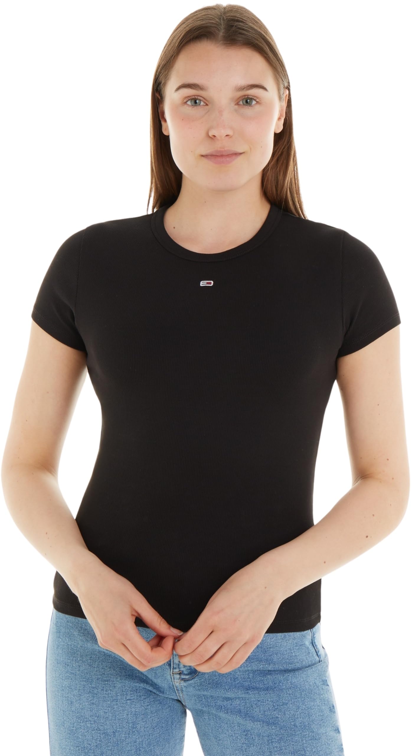 Tommy Jeans Women's Black Short Sleeve Logo Ribbed T-Shirt in Size 14, Sports Direct