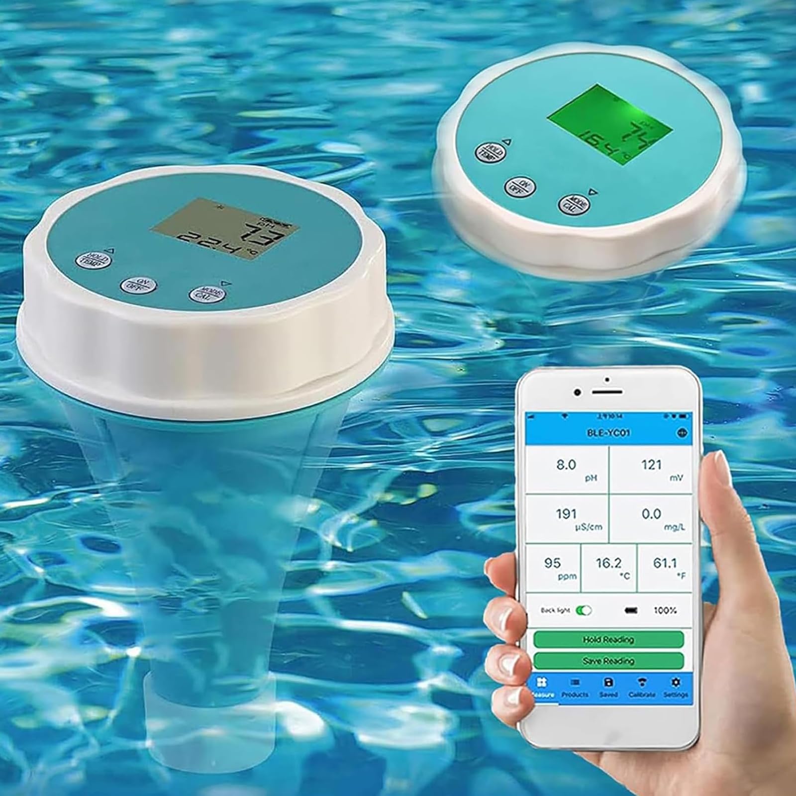 Monitor Intelligente per La qualità dell'Acqua della Piscina, 6 Funzioni in 1, Blue-Tooth, con Controllo Tramite App, Display LCD, PH/ORP/EC/CL/Salto/Temperatura, Design Impermeabile