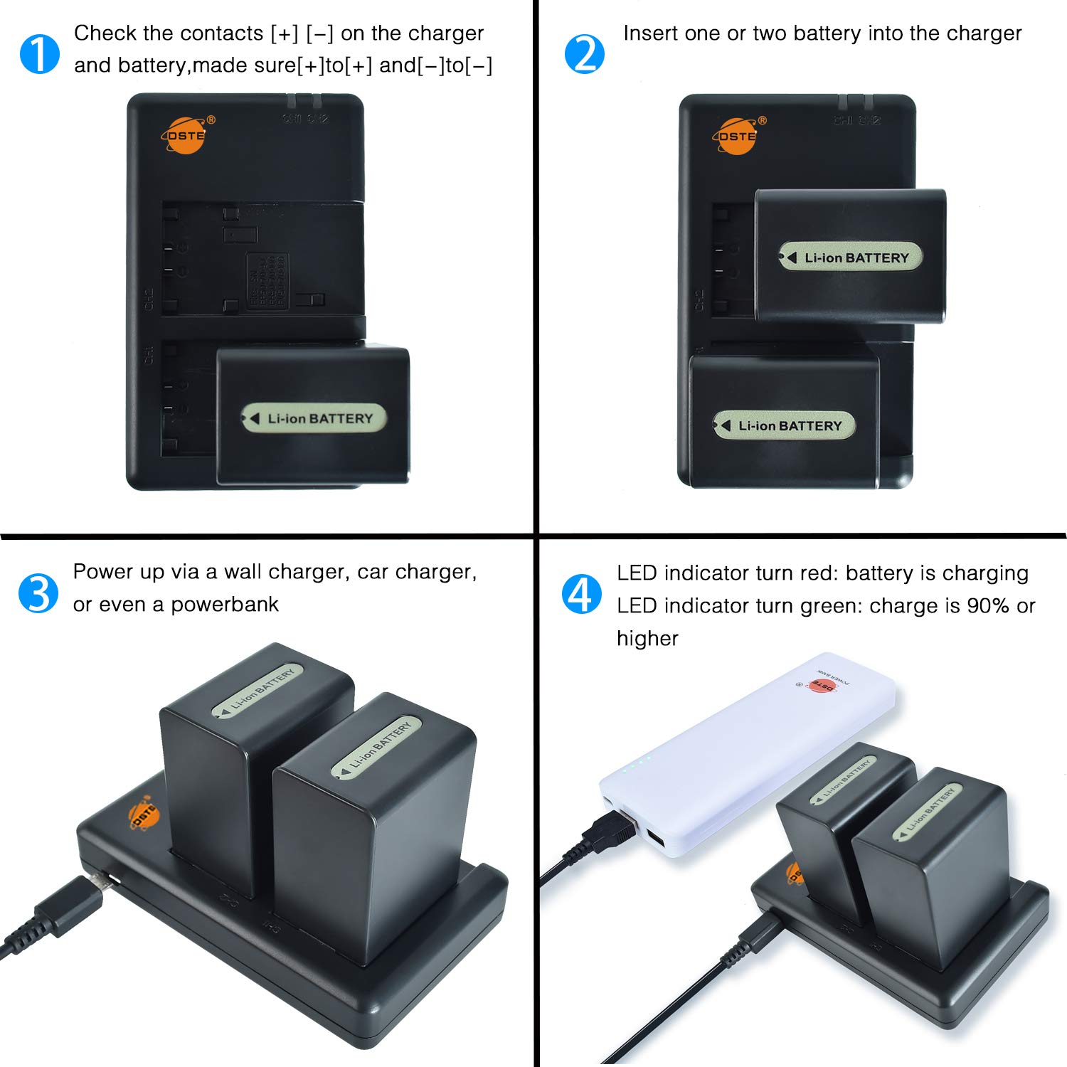 DSTE 2PCS NP-FH100 (4300mAh/7.4V) Batterie Chargeur Compatible pour Sony DCR-DVD404E,DCR-DVD405,DCR-DVD405E,DCR-DVD406,DCR-DVD406E,DCR-DVD407E,DCR-DVD408,DCR-DVD410E,DCR-DVD450,DCR-DVD450E Caméra