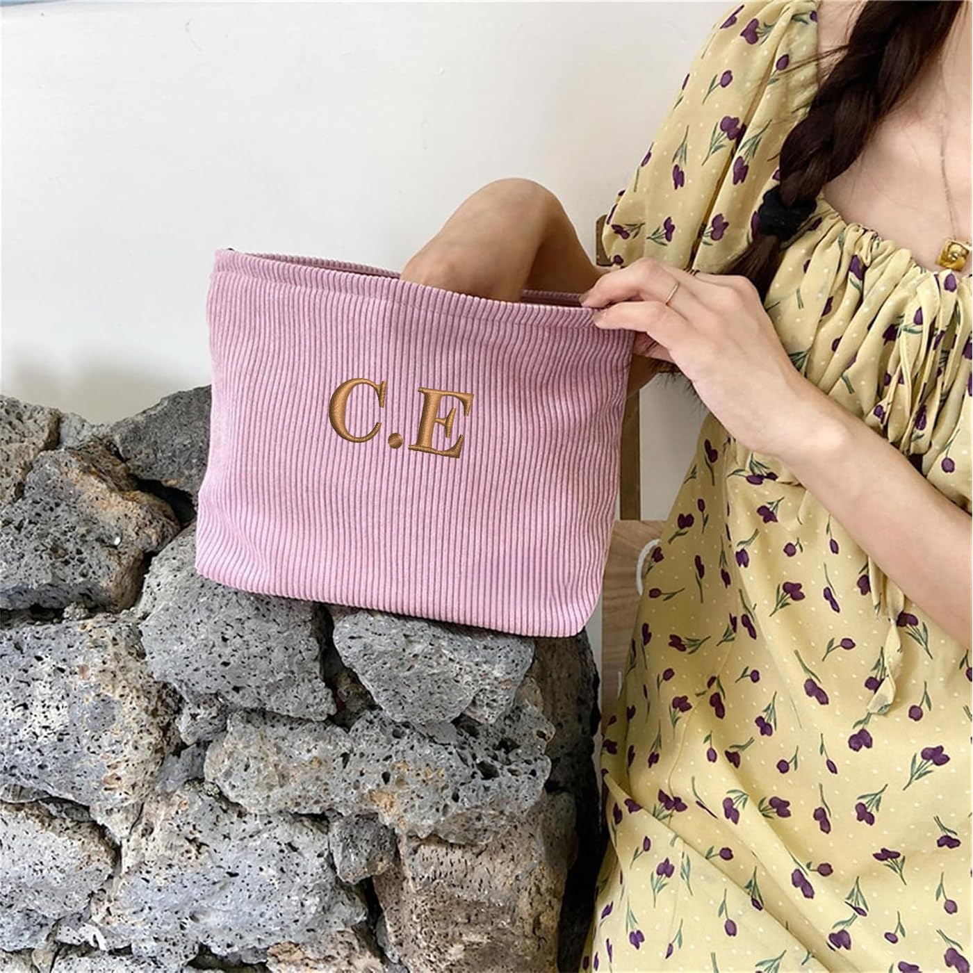 Personalised Corduroy Makeup Bag-Zippered Cosmetic Bag For Women Custom Embroidered Makeuo Pouch Organizer Gift for Her (3, Baby Pink)
