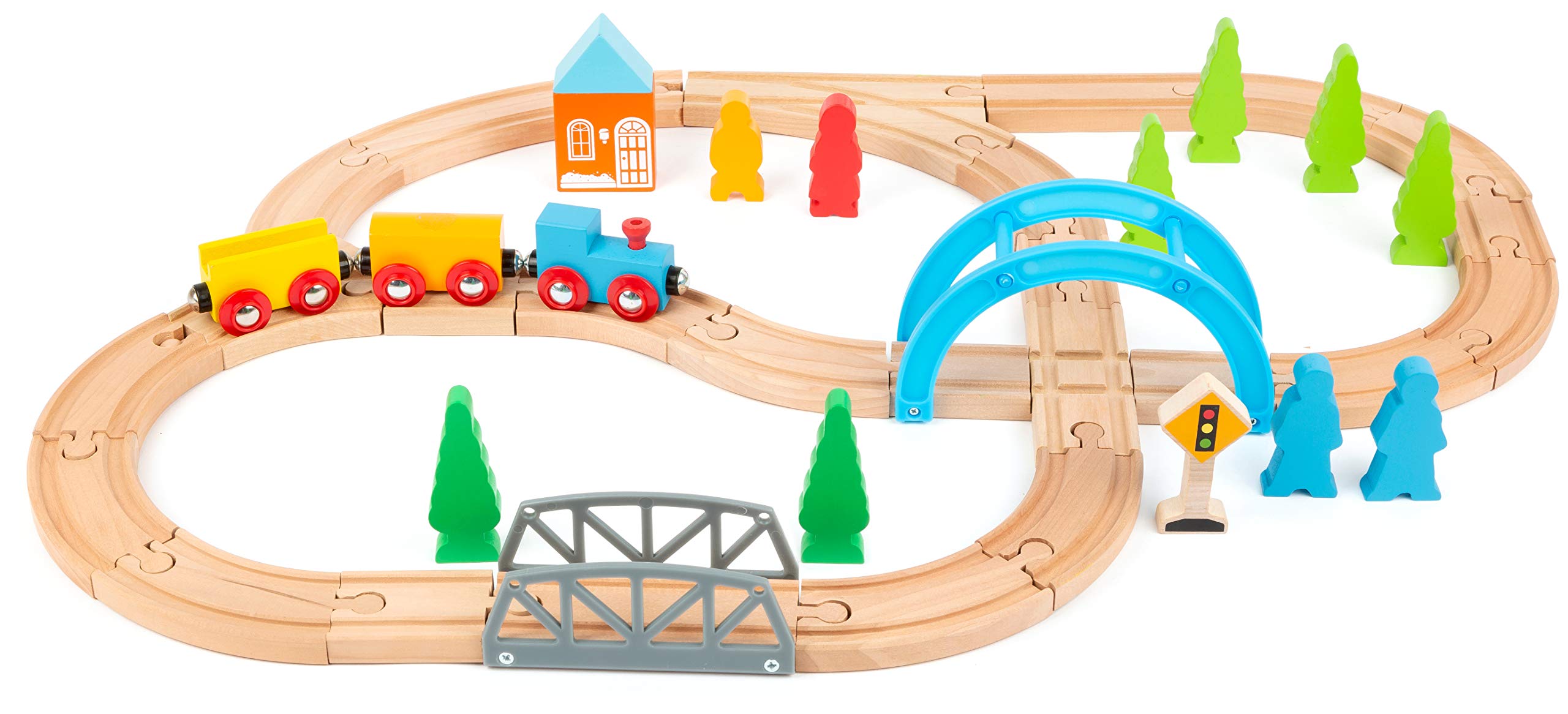 Small Foot 11491 Ferrovia di Legno Grande Viaggio, Legno, Set Ferroviario da Costruire, 40 Pezzi