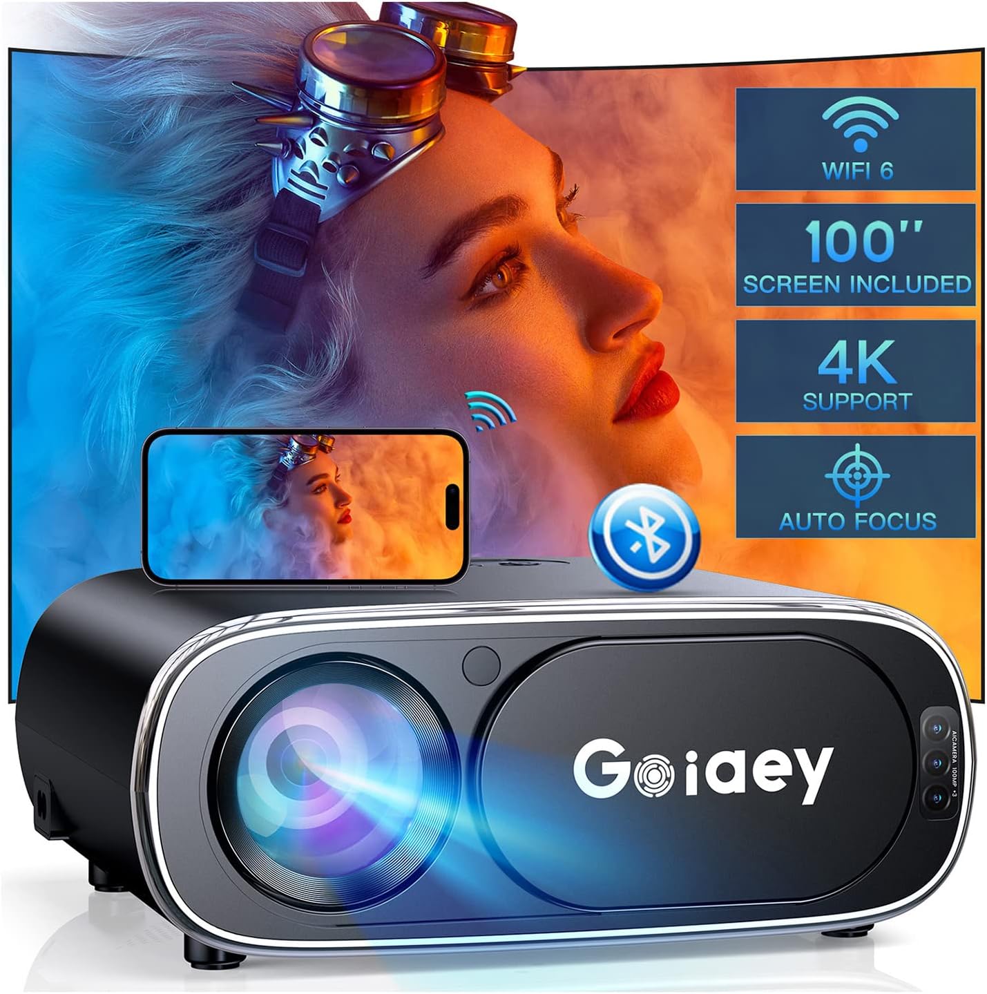 【Auto Focus + 20% Brightness Upgraded】Projector with WiFi and Bluetooth with 100'' Screen, Goiaey 20000L Full HD1080P Projector 4K Support, Auto 6D Keystone, Home Theater Movie Projector for Phone/PC