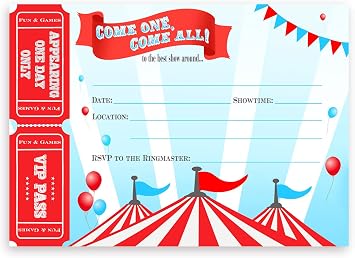 Circus LARGE Invitations - Carnival Invitations - 10 Invitations 10 Envelopes