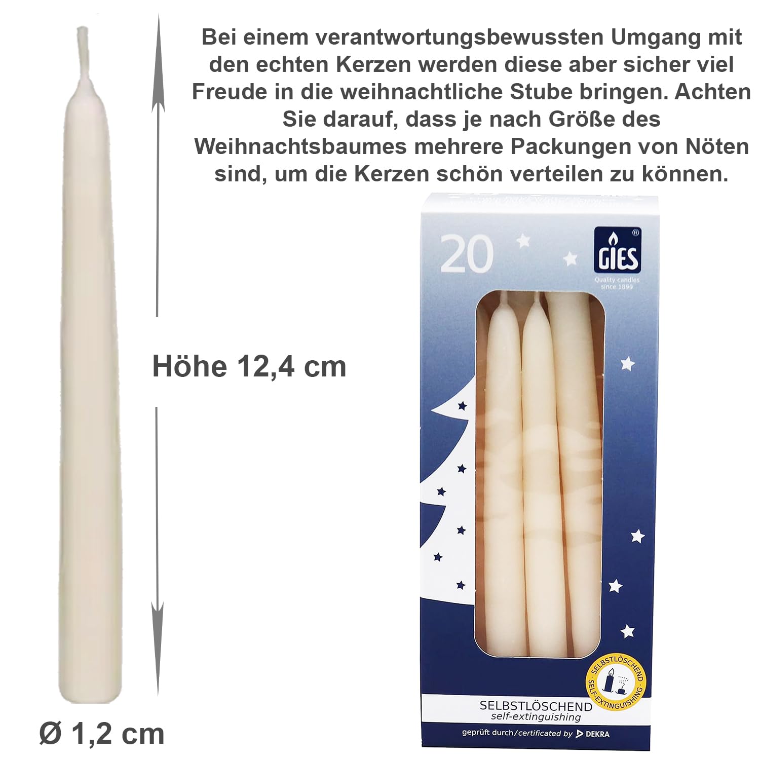 GIES Kerzen Set Creme | 200er Pack selbstlöschende Baumkerzen Wachs 12,4 cm x 1,2 cm (10x20 Stück) | Weihnachtskerzen Pyramidenkerzen Christbaumkerzen | Handgetauchte Qualität