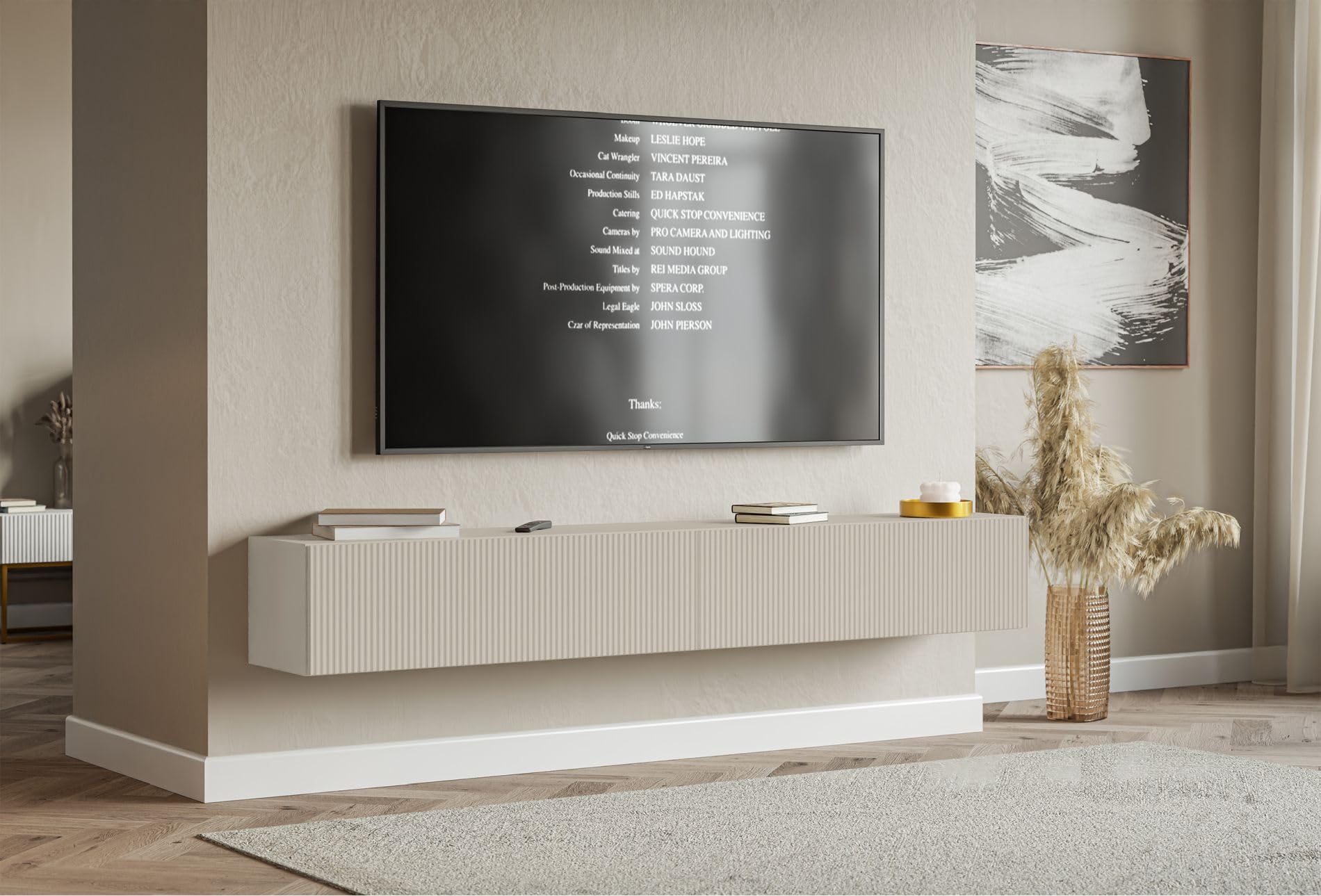 Selsey Meuble TV Suspendu 200 cm Greige Mat Design Moderne – Rangement à 4 Compartiments Façade Rainurée Idéal Déco Élégante et Contemporaine Salon/Chambre Panneau Laminé/MDF Solide