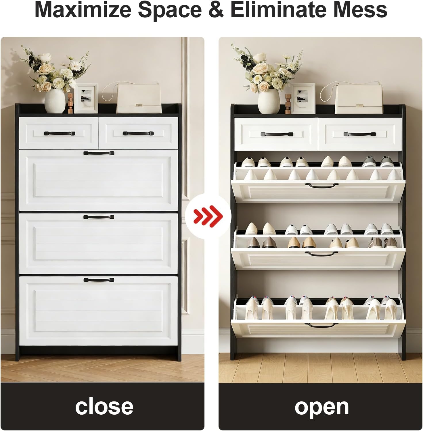 Multifunctional Narrow flip-Flop Shoe Cabinet with 3 Doors and 2 Drawers, freestanding Shoe Cabinet with Adjustable dividers, for Entrance Halls and corridors (White+Black)