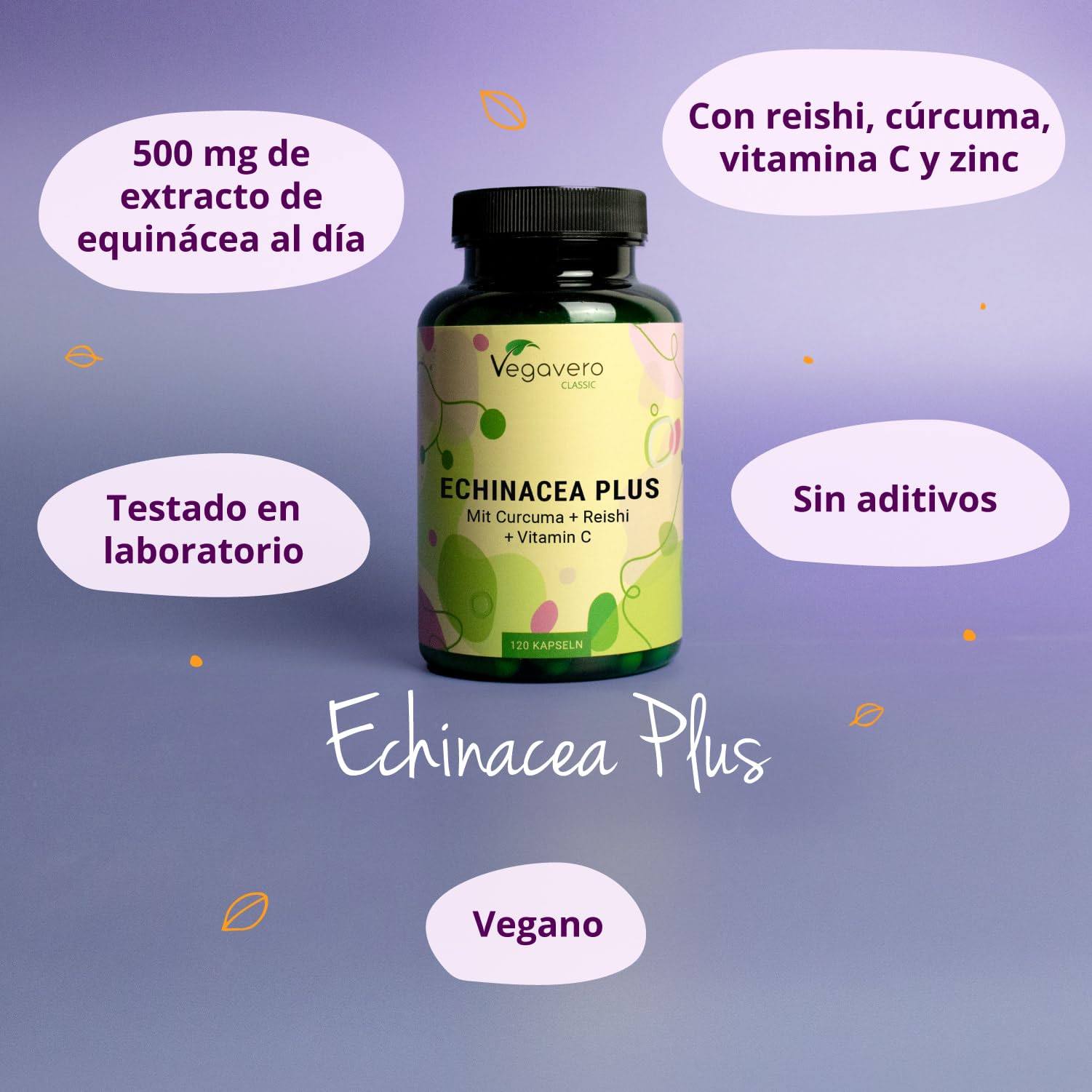 Equinácea Complex Vegavero | Vitamina C + Reishi + Cúrcuma + Zinc | Sistema Inmunitario | Vegano & Sin Aditivos | 120 Cápsulas