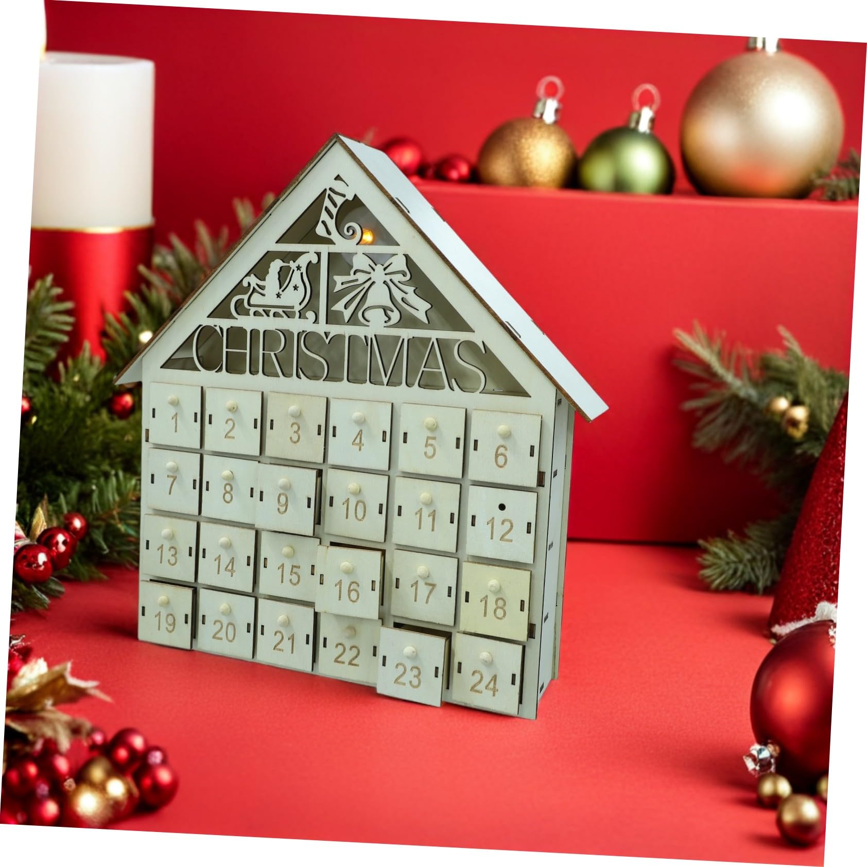 SOLUSTRE Led-adventskalender aus Holz mit Beleuchteter Countdown-kalender bis Weihnachten Wiederverwendbarer Weihnachtskalender mit Hölzernem Weihnachtshäuschen für Familie und Dekoration