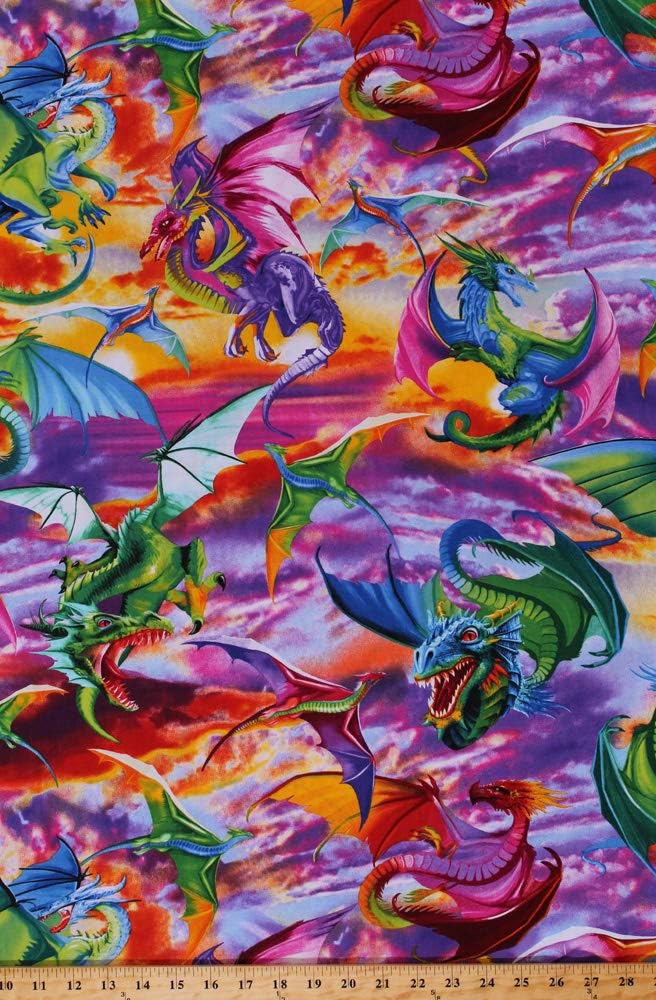 Cotton Dragons Flying Mythical Creatures Fantasy Sunset Sky Multi-Color Cotton Fabric Print by The Yard (MICHAEL-C6317-BRIGHT)