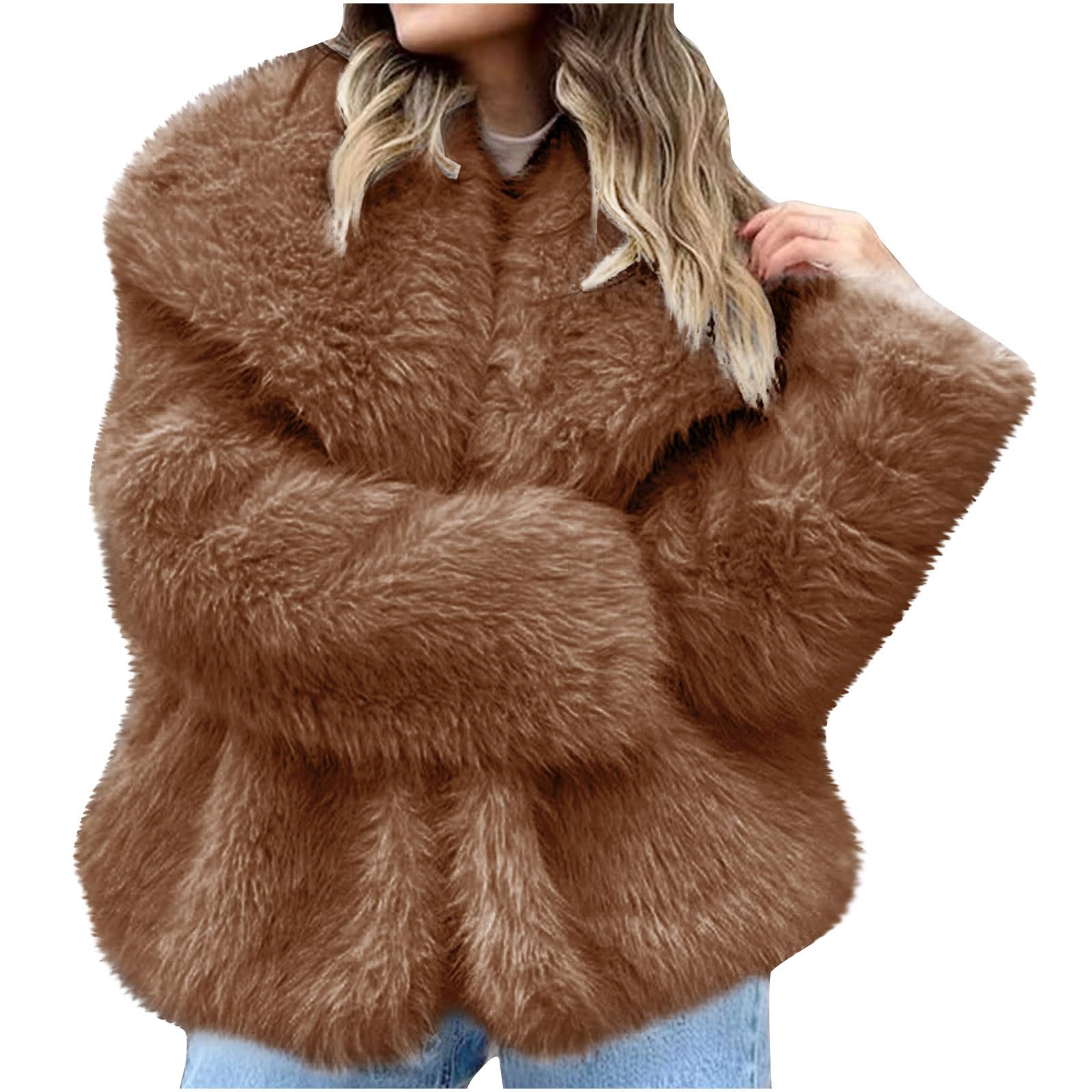 Dyhxuan Women's Brown Fur Jacket Winter Faux Fur Jacket Fluffy Lapels Winter Jacket Warm Faux Fur Coat Long Sleeve Faux Fur Winter Coat Thick Parka Outerwear, 3XL