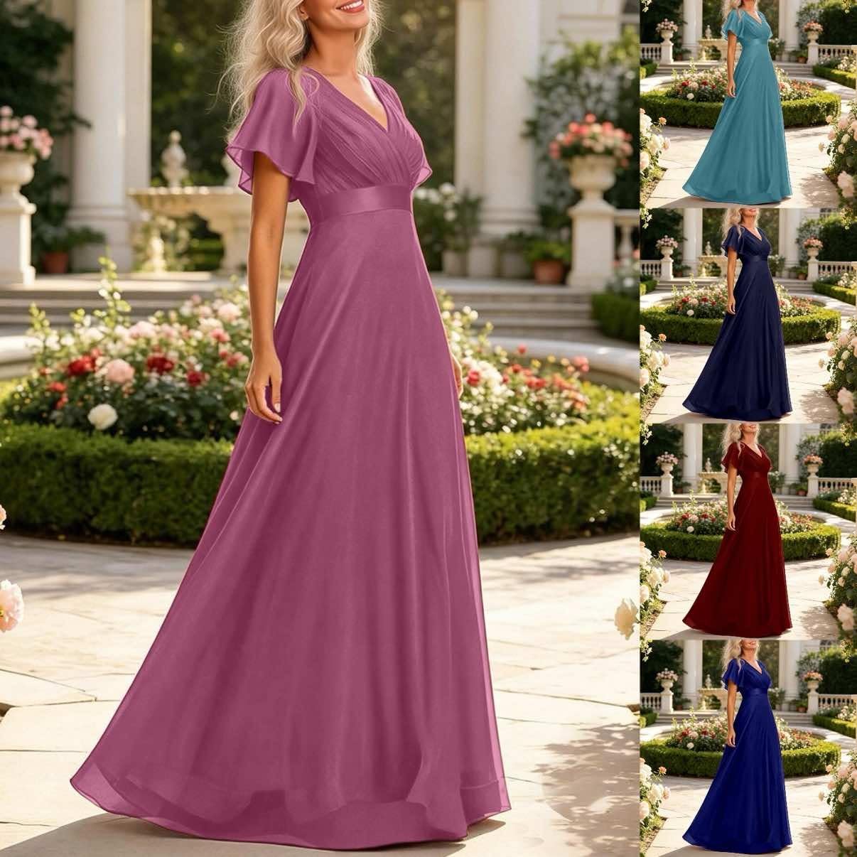 Abito da sera da donna con scollo a doppia V, maniche a campane svasate a pieghe, taglio ampio e fluido, in mussola elastica, abito da ballo per damigella d'onore, matrimonio, cocktail e