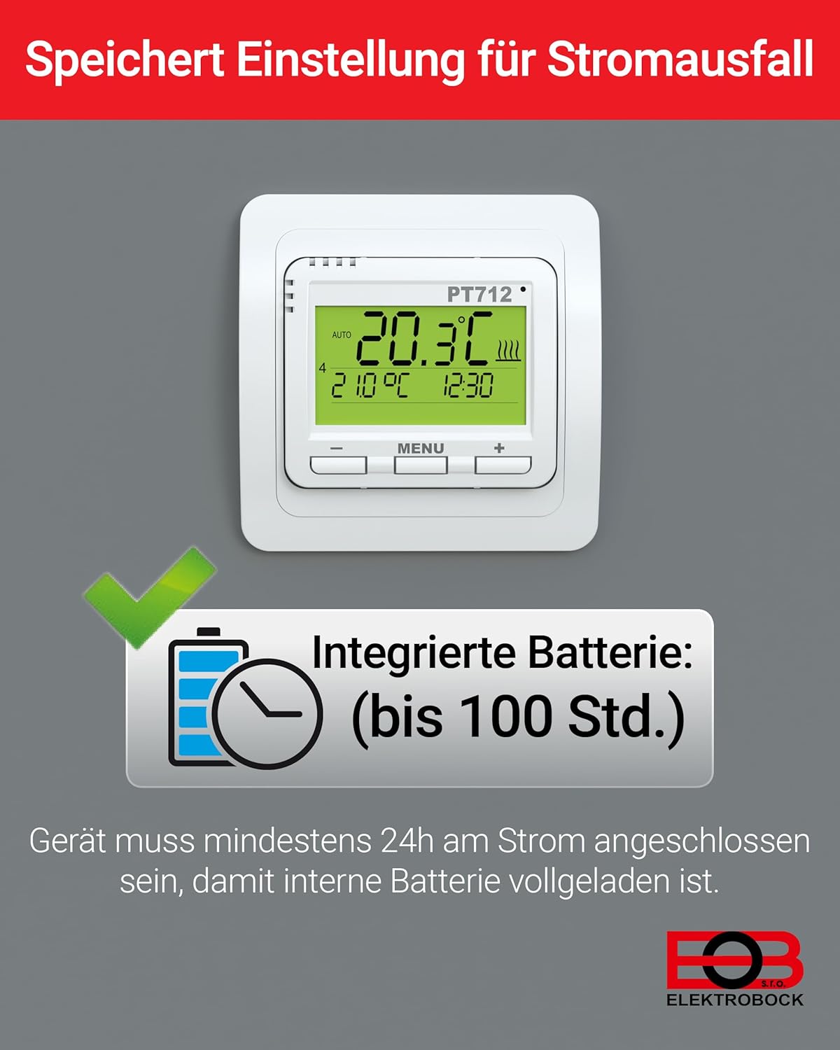 Image illustrating the integrated battery backup for power failure, stating up to 100 hours of reserve power.