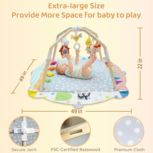 Miniatura 6 de Kizfarm Tapete de gimnasio para bebé, 5 zonas de desarrollo, tapete de madera para el tiempo boca abajo, tapete de actividad para bebé para el suelo