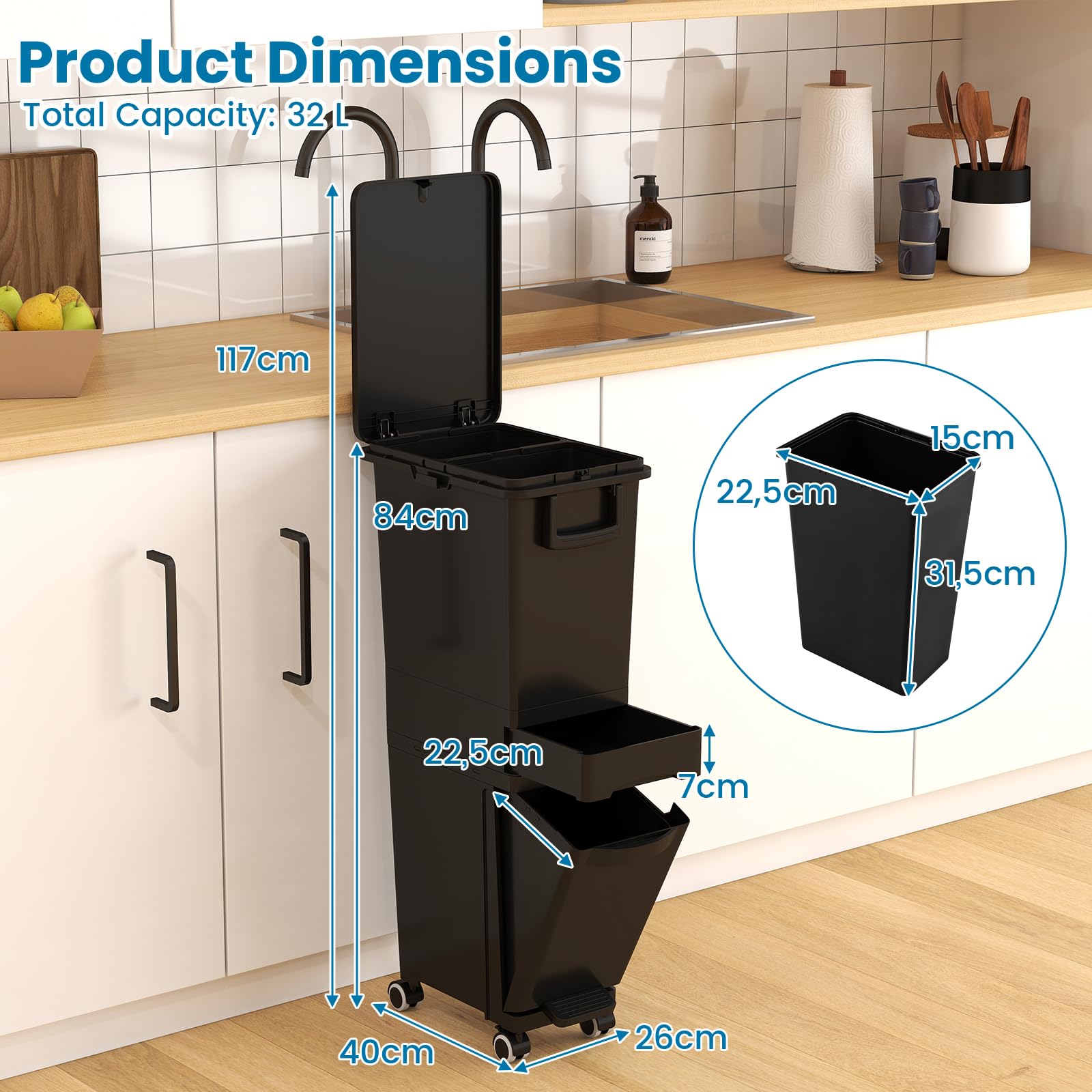 GIANTEX Cubo de Basura Estrecho 3 en 1 con Ruedas, 2 Compartimentos Extraíbles, Cajón Pequeño y Contenedor Inclinable, Bote de Basura con Gancho Laterales, Papelera de Reciclaje de Cocina (Negro)