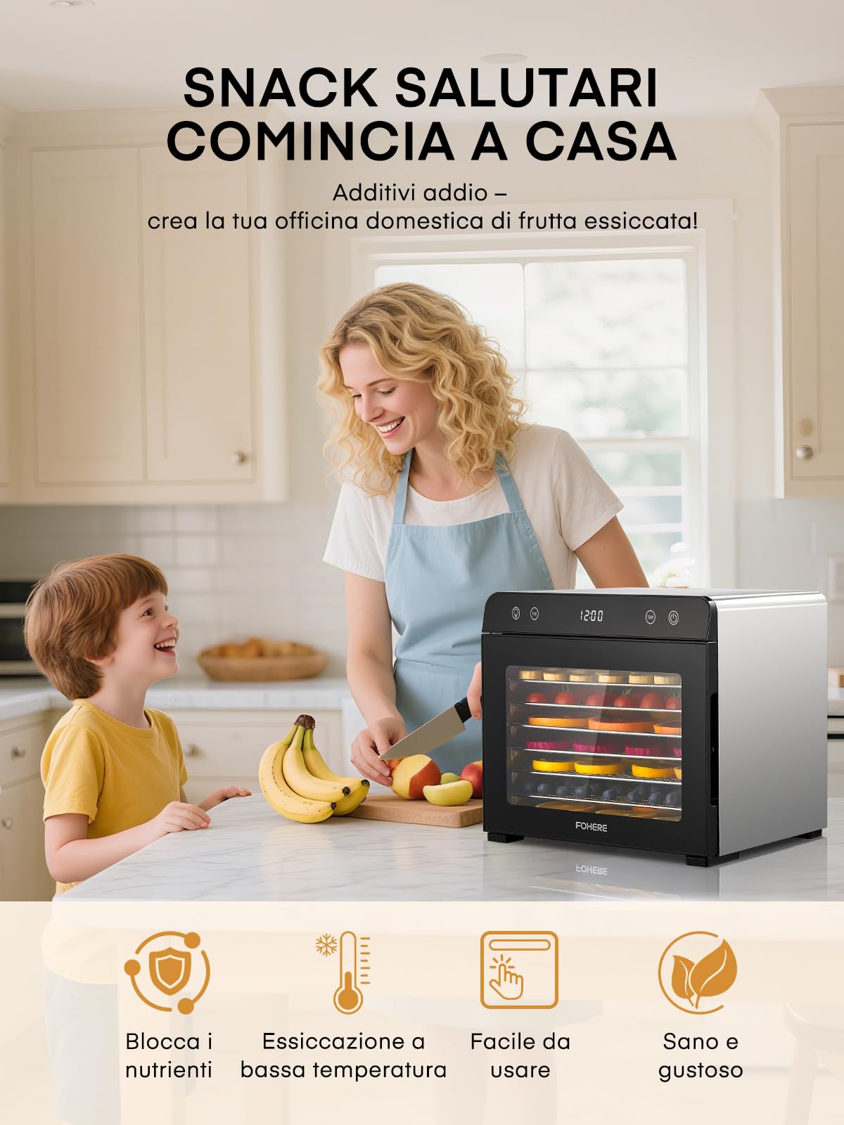 FOHERE Essiccatore Alimentare 8 Vassoi in Acciaio Inox, Silenzioso <40dB per Uso Notturno, Termostato 35-75℃ Timer 48h, per Frutta, Verdura, Carne, Funghi, Erbe, Snack per Bebè