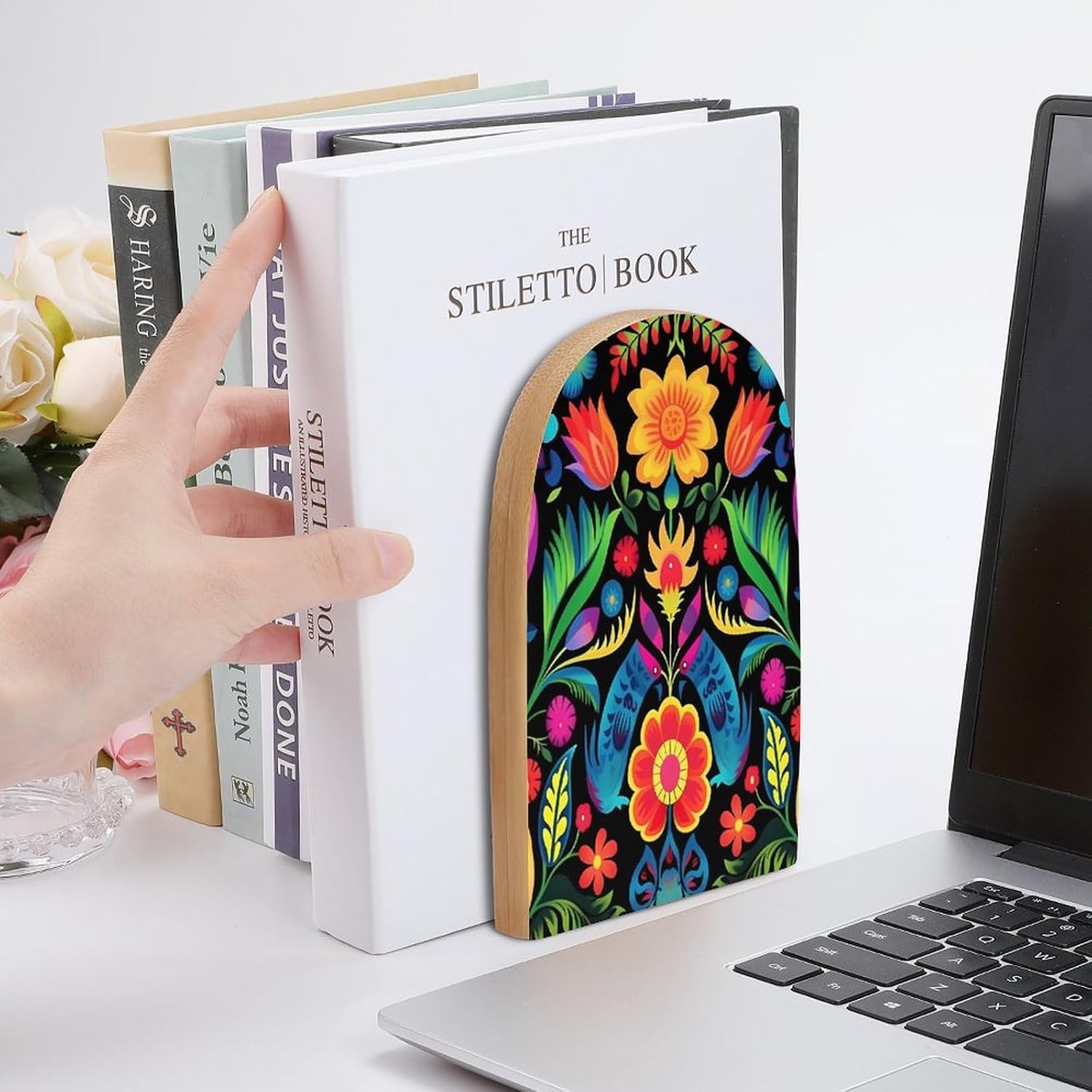 2 PCS Wood Book Ends,Mexican Style Colorful Striped Flower Bookends for Shelves Non Skid Book Ends for Office Home Kitchen, Bookends for Holiding Books 5x3 Inch