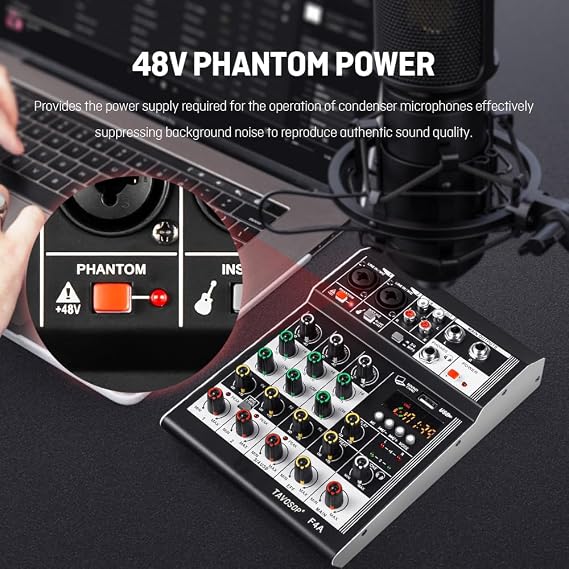 4 Channel Audio Mixer DJ Mixer Interface Sound Board Console USB Audio MP3 Computer Input 48V Phantom Power Stereo DJ Studio for Home Karaoke Party Studio Recording