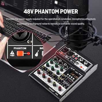 4 Channel Audio Mixer DJ Mixer Interface Sound Board Console USB Audio MP3 Computer Input 48V Phantom Power Stereo DJ Studio for Home Karaoke Party Studio Recording