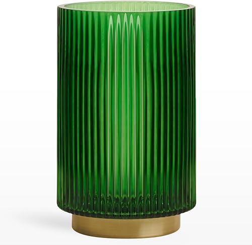 Torre & Tagus Adele Emerald Green Glass Vase with Gold Metal Base - Premium Clear Glass Cylinder Vase for Decor & Ribbed Glass Vase for Flowers, Emerald Green and Gold Decor for Table Centerpiece