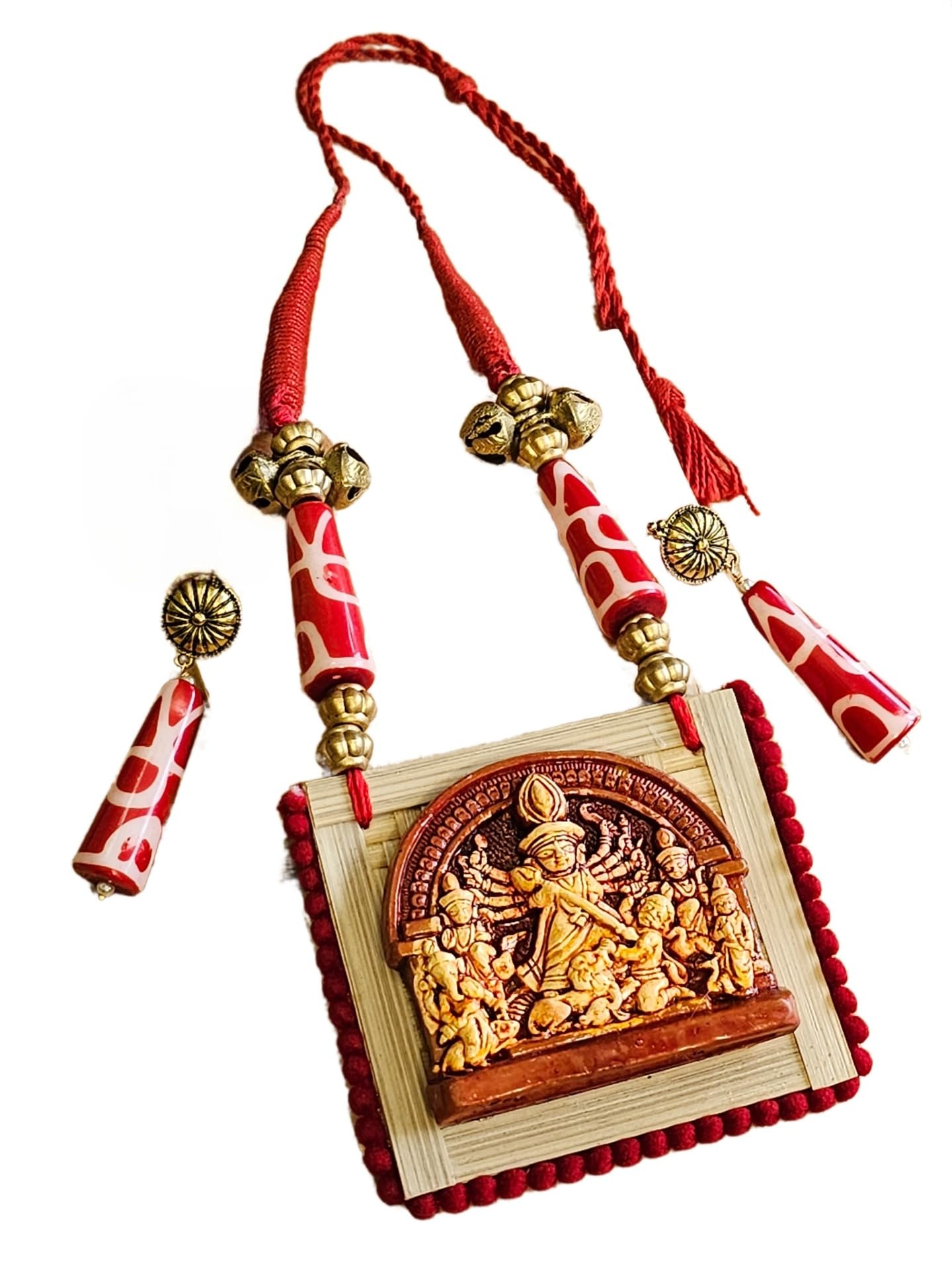 Advik Artisans : Durga Puja Collection - Crafted with Devotion - Necklace Set with clay Idol having Colorful Beads and adjustable tassel